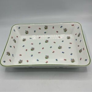 Andrea By Sadek Floral Rectangular Dish - White with Green Trim